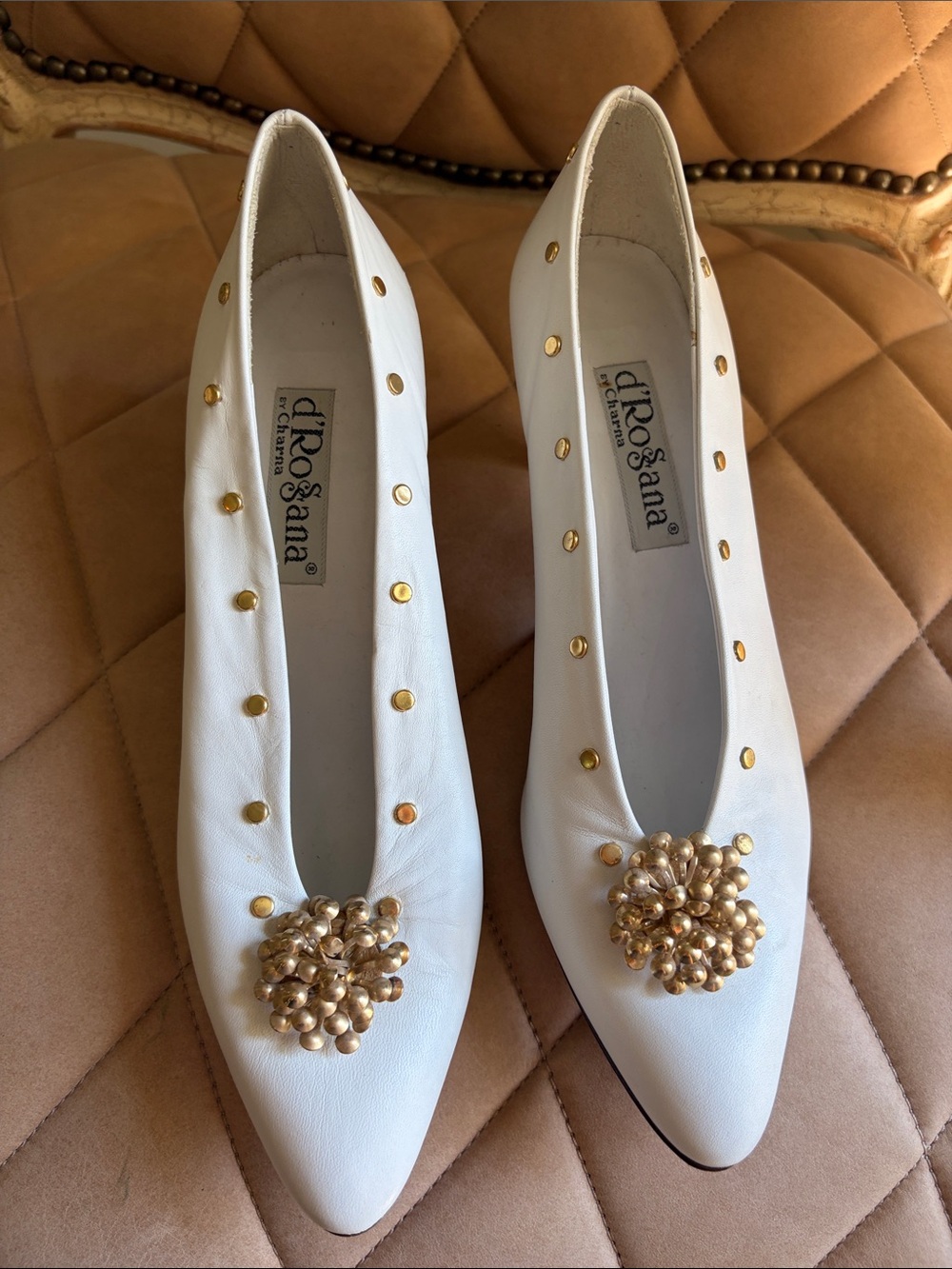 D’Rossana by Charna  Leather Pointed Toe Pumps with Gold Stud & Cluster Acct